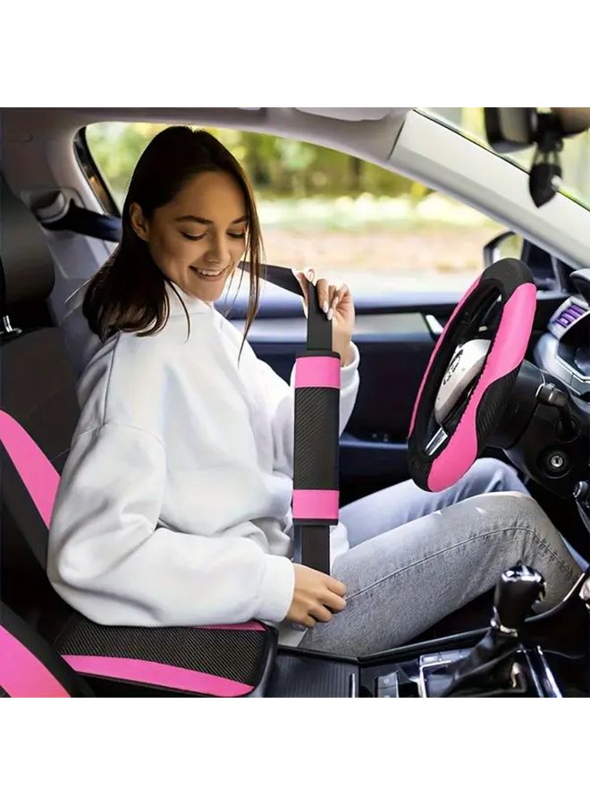 1 Car Interior Accessories Kit PU Leather Seat Covers Steering Wheel Cover Cup Holder Armrest Pads Seat Belt Covers Dashboard Vent Decorative Strips Purple 5 Seats Set Fits Most Cars SUVs Trucks - Image 4