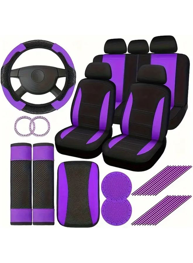 1 Car Interior Accessories Kit PU Leather Seat Covers Steering Wheel Cover Cup Holder Armrest Pads Seat Belt Covers Dashboard Vent Decorative Strips Purple 5 Seats Set Fits Most Cars SUVs Trucks - Image 1