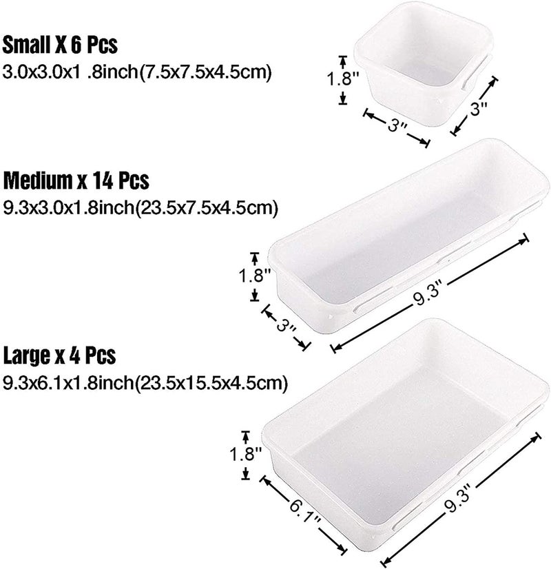 JUZR 24 Pack Interlocking Drawer Organizers Storage Bins Bathroom Office Kitchen Organization Containers for Organizing Multiple Sizes White - Image 2