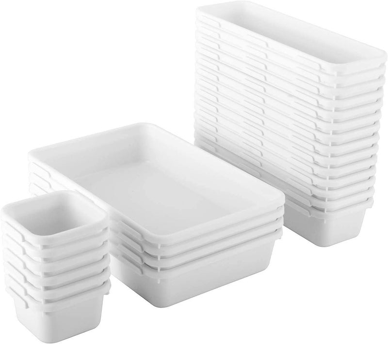 JUZR 24 Pack Interlocking Drawer Organizers Storage Bins Bathroom Office Kitchen Organization Containers for Organizing Multiple Sizes White - Image 3