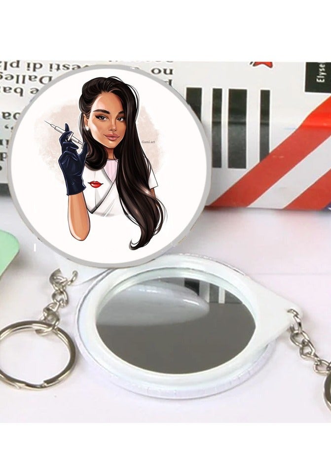 ميدالية مفاتيح دائرية بتصميم شخصية طبيبة كرتونية سلسلة مفاتيح رائعة مع وجود مراة عاكسة من الخلف سلسلة مفاتيح ممرضين واطباء هدية جميلة