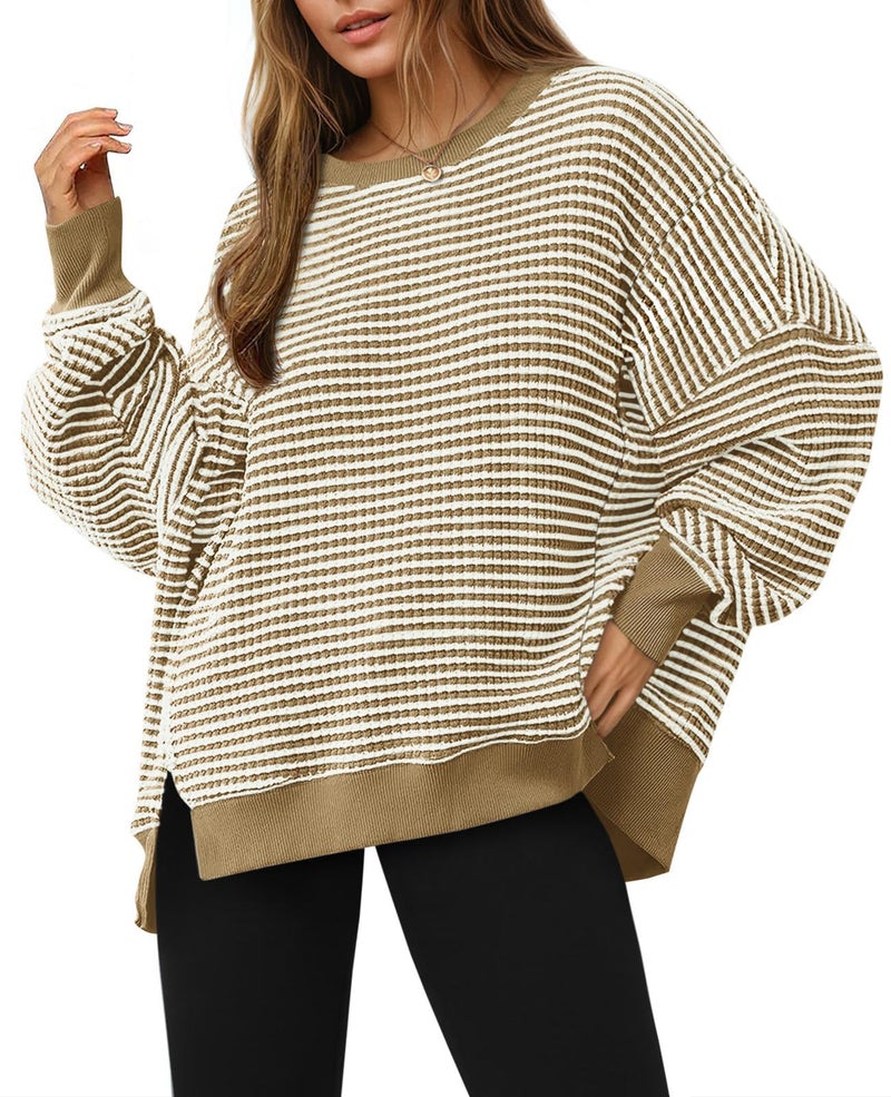 Fisoew Women's Oversized Sweatshirt Waffle Knit Striped Long Sleeve Crewneck Casual Loose Pullover Tunic Tops Khaki - Image 1