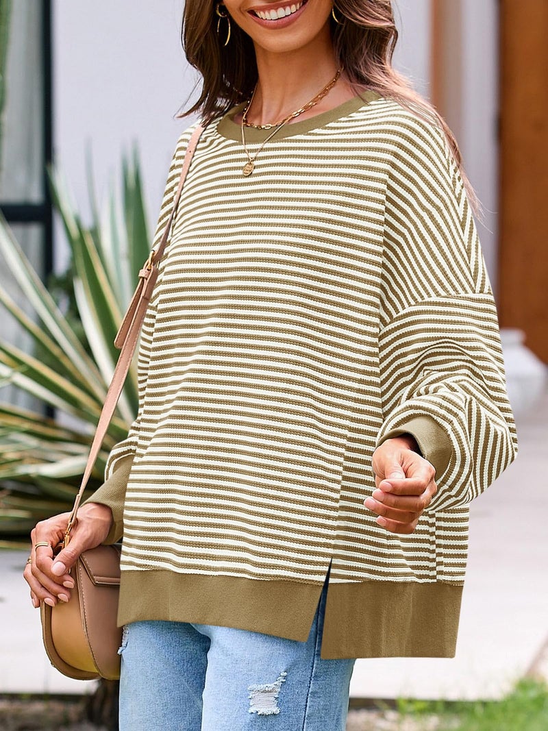 Fisoew Women's Oversized Sweatshirt Waffle Knit Striped Long Sleeve Crewneck Casual Loose Pullover Tunic Tops Khaki - Image 3
