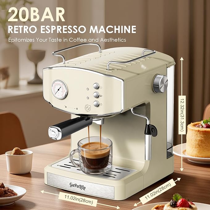 Retro-Style 20 Bar Espresso Machine with Milk Frother, ESE Pod Compatible Coffee Make with Pressure Gauge, 54 oz Food-Grade PP Removable Water Tank, Ideal for Home Barista,Beige - Image 2
