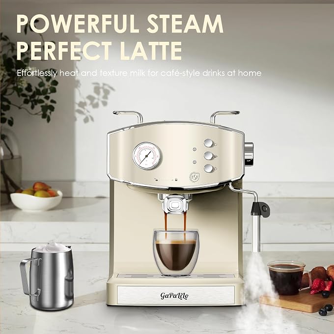 Retro-Style 20 Bar Espresso Machine with Milk Frother, ESE Pod Compatible Coffee Make with Pressure Gauge, 54 oz Food-Grade PP Removable Water Tank, Ideal for Home Barista,Beige - Image 3