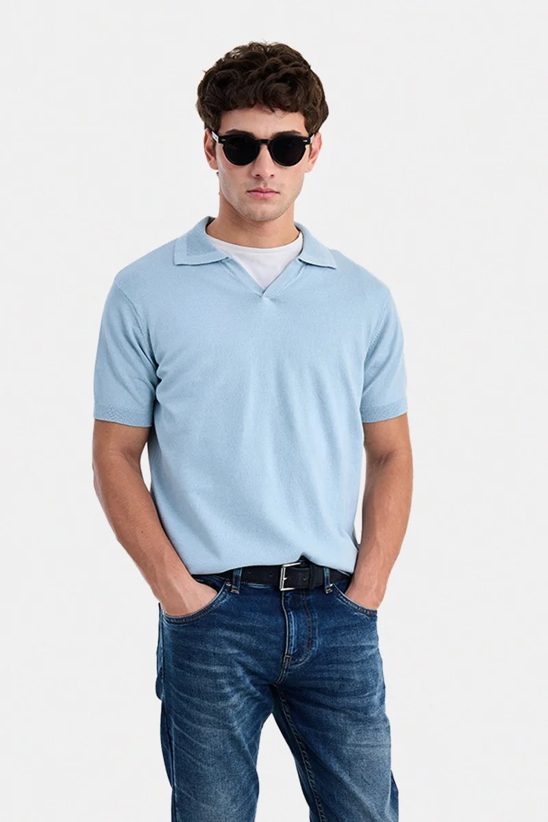 SNITCH Light Blue Textured Short Sleeve Regular Fit T-Shirt