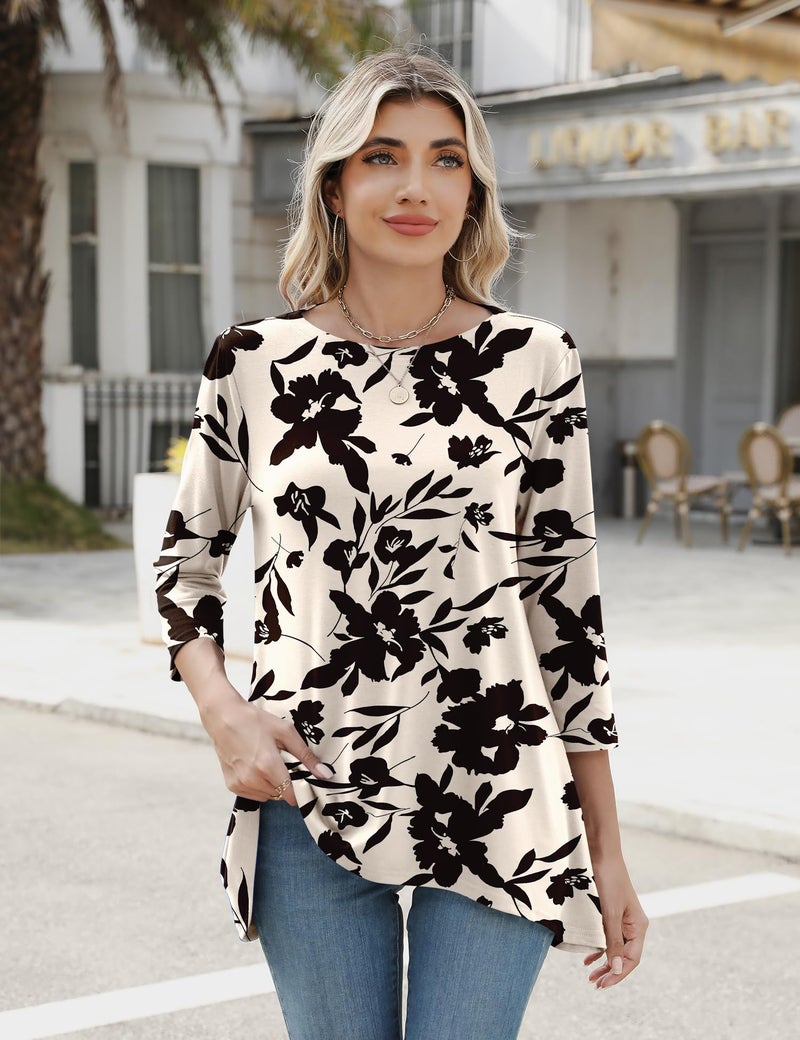 LOMON Women's Tops 3/4 Sleeve Tunic Tops to Wear with Leggings Swing Flare T-Shirt Loose Fit Dressy Casual Blouses Apricot XL - Image 2