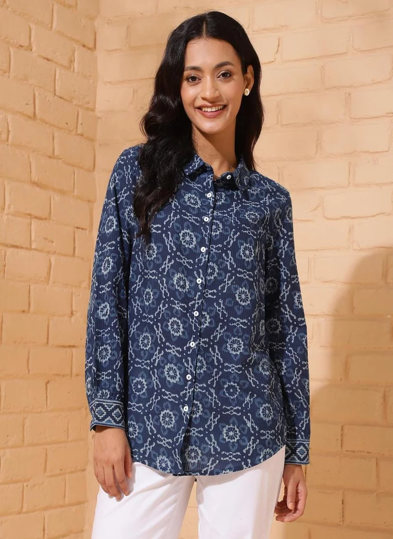 فاب انديا Blue Cotton Printed Shirt