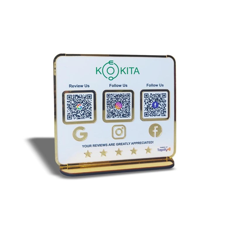 Tapify Premium Smart NFC 3-in-1 Table Top White Standee | Link Google Instagram Facebook Profiles Instantly | Contactless Profile Sharing with QR Code Tap for Desk Reception - Image 1