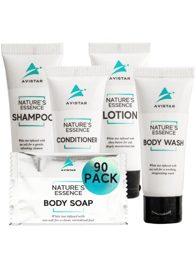 Avistar 90 Piece Hotel Soap & Bulk Toiletries - Travel Essentials for Hosts & Guests - Hotel Shampoo & Conditioner Supplies for Guests, Hotel Toiletries Bulk Set, Mini Bulk Travel Size Toiletries - Image 1