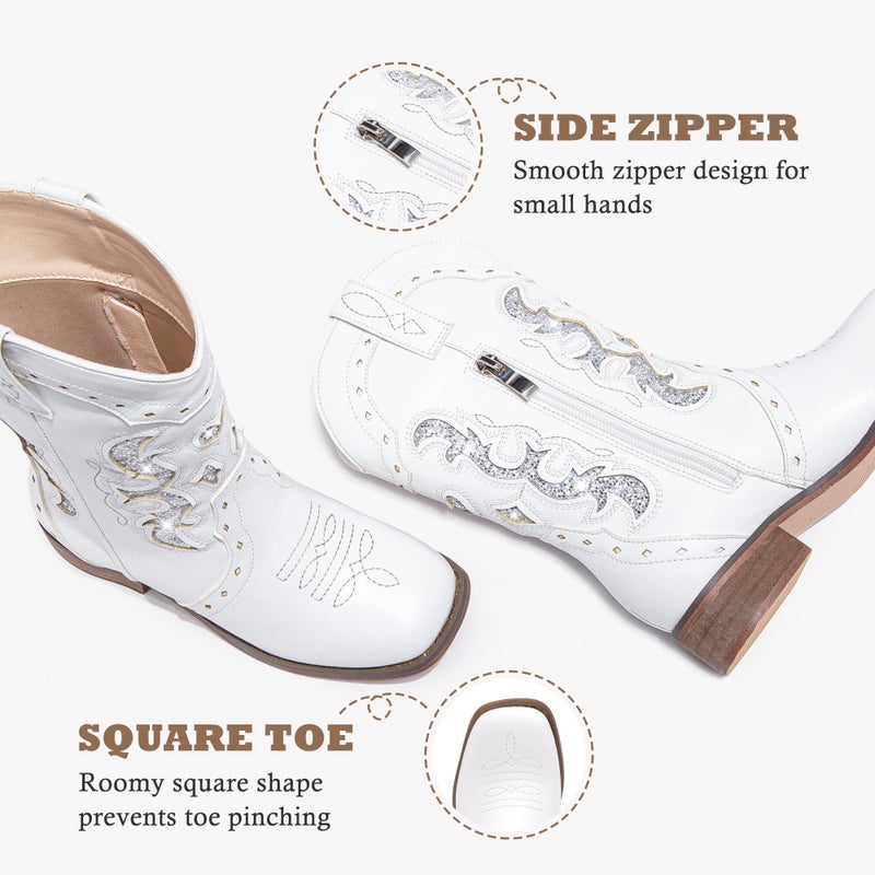 LAURMOSA Girls White Cowgirl Boots Kids Western Dress Cowboy Boots Silver Embroidered Size 1 Horse Riding Girls Cowgirl Square Toe Cowboy Party Shoes Easter Embroidered(L1050WhiteSilver 1) - Image 4
