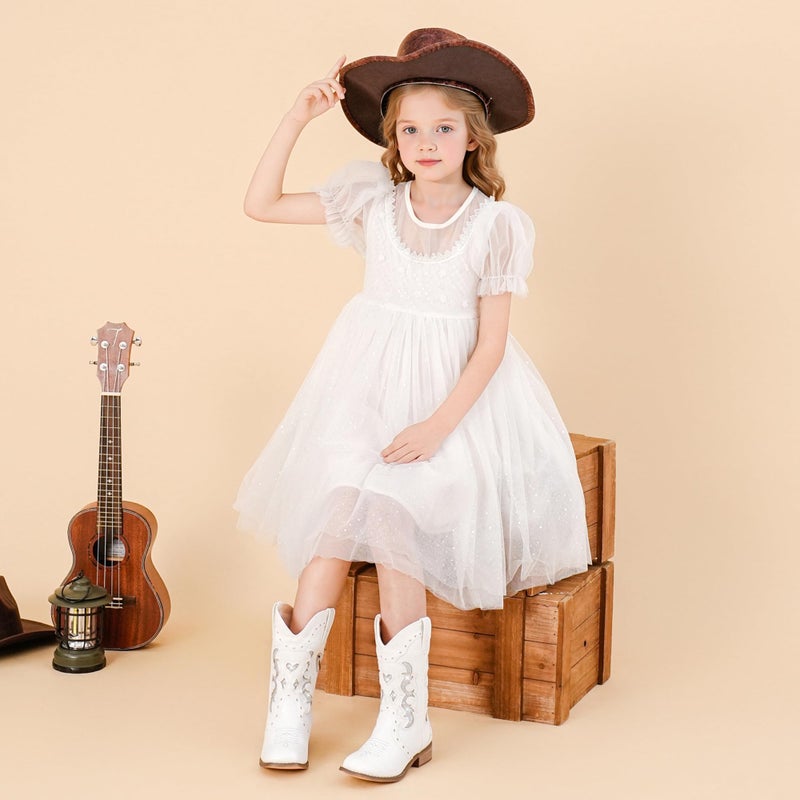 LAURMOSA Girls White Cowgirl Boots Kids Western Dress Cowboy Boots Silver Embroidered Size 1 Horse Riding Girls Cowgirl Square Toe Cowboy Party Shoes Easter Embroidered(L1050WhiteSilver 1) - Image 3