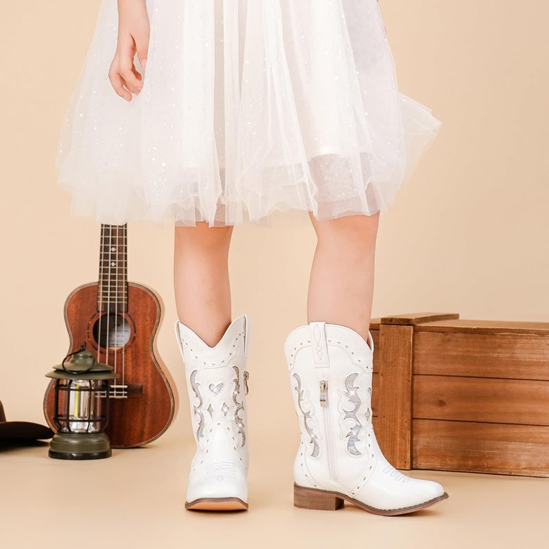 LAURMOSA Girls White Cowgirl Boots Kids Western Dress Cowboy Boots Silver Embroidered Size 1 Horse Riding Girls Cowgirl Square Toe Cowboy Party Shoes Easter Embroidered(L1050WhiteSilver 1) - Image 2