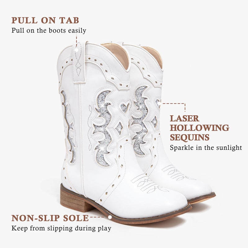 LAURMOSA Girls White Cowgirl Boots Kids Western Dress Cowboy Boots Silver Embroidered Size 1 Horse Riding Girls Cowgirl Square Toe Cowboy Party Shoes Easter Embroidered(L1050WhiteSilver 1) - Image 5
