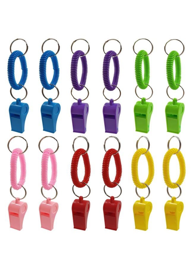 AFUNTA 12 Pack Whistle With Bracelet, 6 Colors Loud Plastic Whistle Sport Whistle Stretchable Wrist Keychain for Refereeing, Footballing, Survival Emergency Training - Image 1