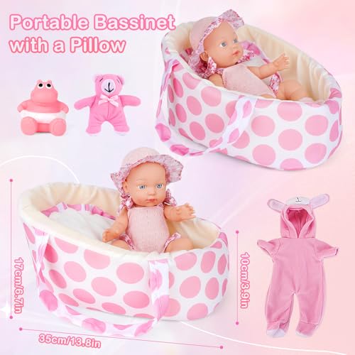 deAO 13 Baby Doll Playset with Bassinet Carrier Bed Baby Doll Accessories Including Pillow Clothes Pacifier Pretend Play Set Gifts for Girls Ages 3 - Image 5