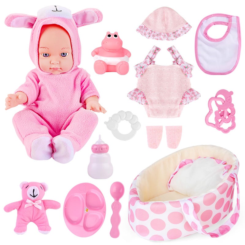 deAO 13 Baby Doll Playset with Bassinet Carrier Bed Baby Doll Accessories Including Pillow Clothes Pacifier Pretend Play Set Gifts for Girls Ages 3 - Image 3