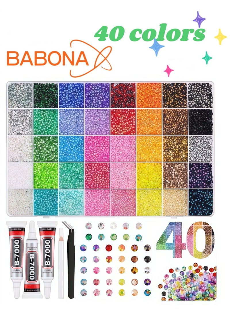 BABONA 40 Colors Resin Jelly Rhinestones Kit, 32000Pcs 3mm Flatback Gems with 3Pcs 10ml B7000 Glue, Bedazzling Crystals for Nail Art, Clothing, Shoes, Tumblers, Diamond Art, DIY Crafts - Image 1