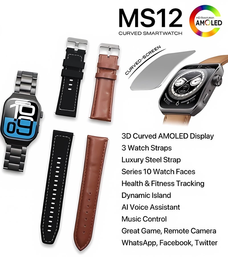 جيسي ساعة ذكية MS12 بشاشة AMOLED منحنية ثلاثية الأبعاد، وهيكل من الفولاذ المقاوم للصدأ، وثلاثة أحزمة قابلة للتبديل لتتبع الصحة واللياقة البدنية، وتتضمن مساعدًا صوتيًا يعمل بالذكاء الاصطناعي - Image 1
