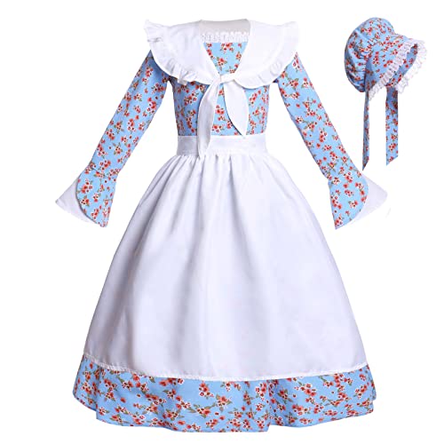 Vibsion Girls Prairie Pioneer Costume Pilgrim Dress Kids Floral Colonial Village Girl Costume Bonnet Apron Set Halloween - Image 1