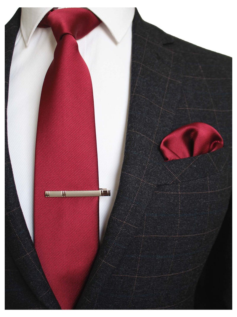 JEMYGINS Burgundy Formal Necktie and Pocket Square, Hankerchief and Tie Bar Clip Sets for Men - Image 2