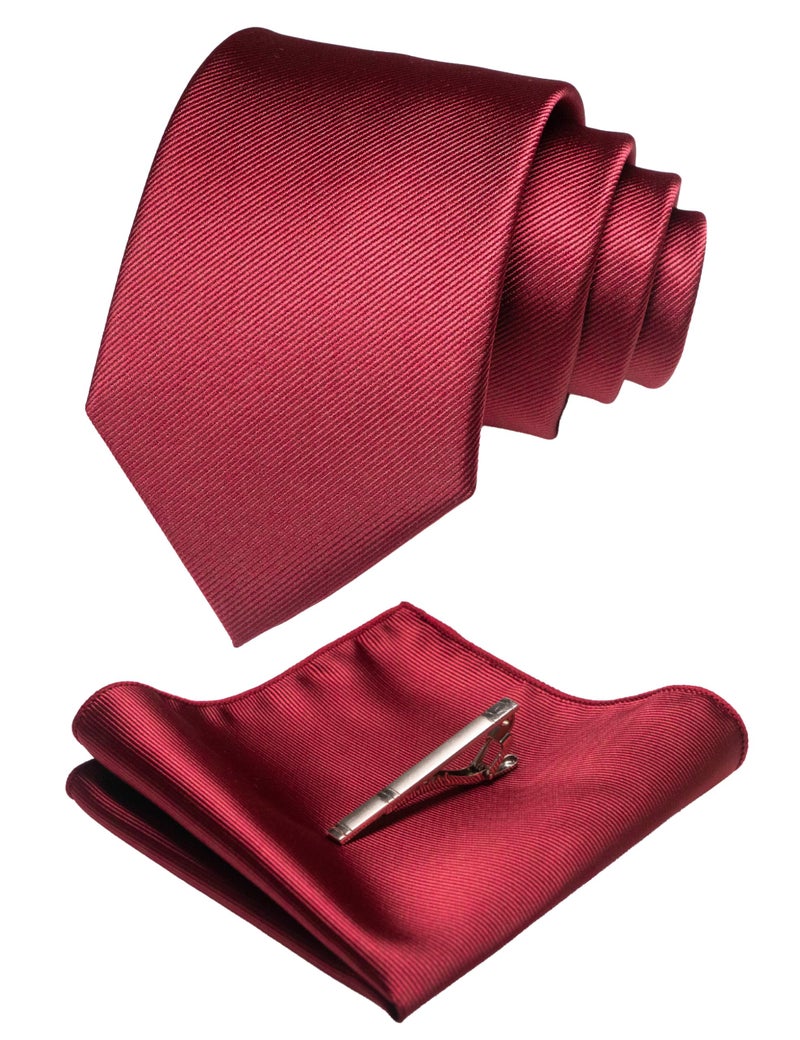 JEMYGINS Burgundy Formal Necktie and Pocket Square, Hankerchief and Tie Bar Clip Sets for Men - Image 1