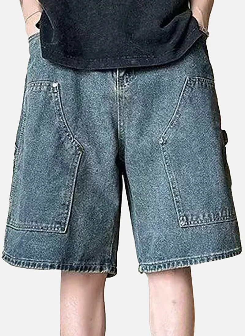 YUNIQEE Blue Mid Rise Soild Relaxed Fit Shorts