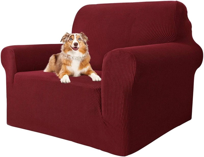 MAXIJIN Super Stretch Chair Covers for Living Room, 1 Piece Universal Chair Cover with Armrests, Jacquard Spandex Chair Protector Dogs Pet Friendly Sofa Couch Armchair Cover (1 Seater, Wine Red) - Image 1