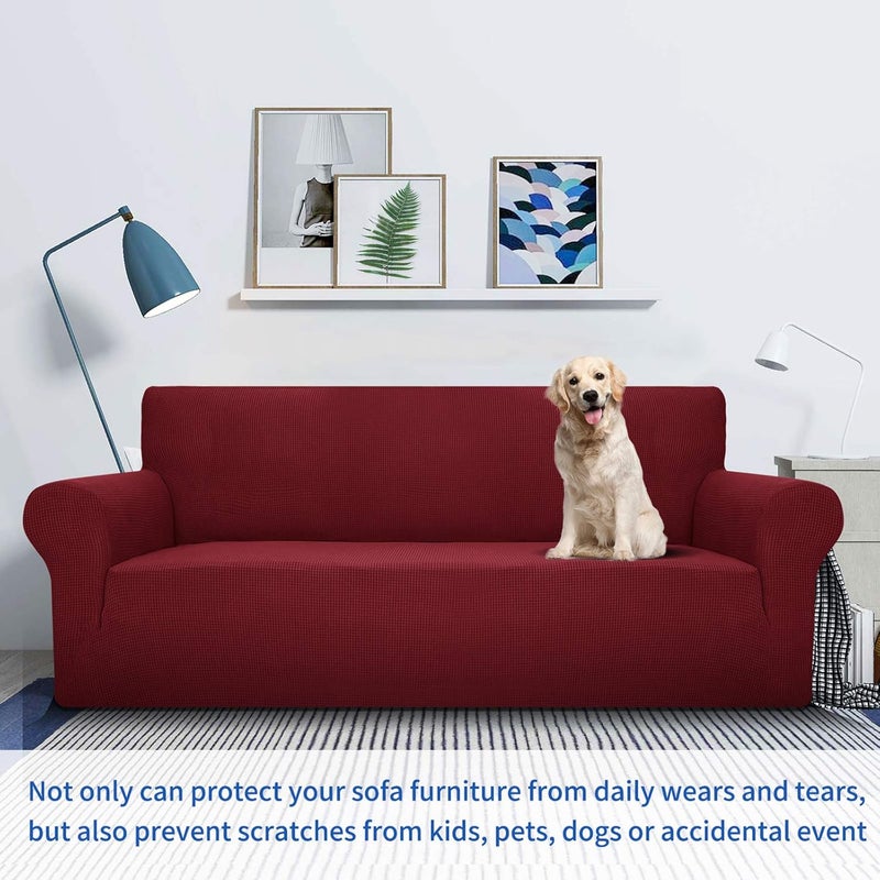MAXIJIN Super Stretch Chair Covers for Living Room, 1 Piece Universal Chair Cover with Armrests, Jacquard Spandex Chair Protector Dogs Pet Friendly Sofa Couch Armchair Cover (1 Seater, Wine Red) - Image 2