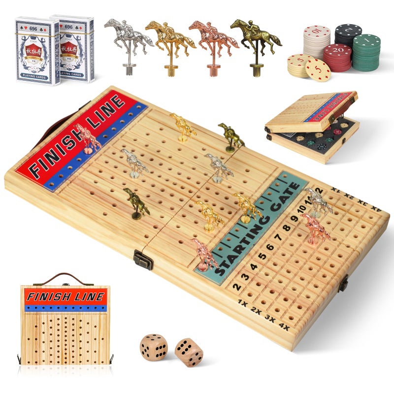 vixflux 21 Inches Horse Racing Game Horse Race Board Games with 11 Luxury Metal HorsesThickened Wood ChessboardChipsCards and Dice Classic Wooden Table Top Board Games for Adults and Family - Image 3