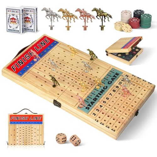 vixflux 21 Inches Horse Racing Game Horse Race Board Games with 11 Luxury Metal HorsesThickened Wood ChessboardChipsCards and Dice Classic Wooden Table Top Board Games for Adults and Family - Image 1