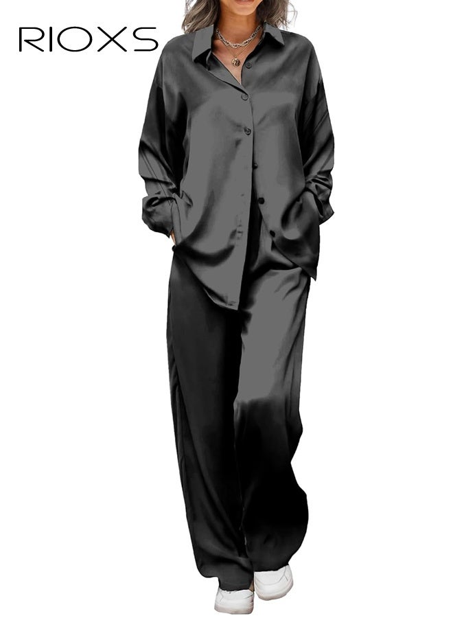 RIOXS Women's Black Pajama Set, Button-Down Stand Collar Top with Pockets, Flowy Wide-Leg Lounge Pants, Elastic Waist Sleepwear, Soft Long Sleeve Loungewear for Home, Comfortable Two-Piece Outfit - Image 4
