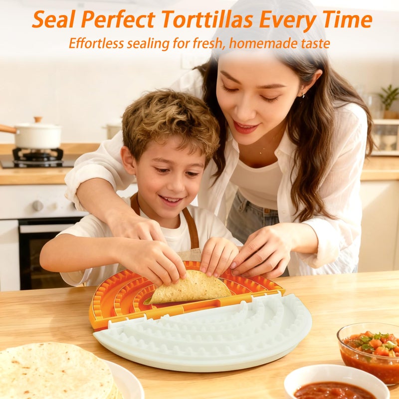 Sietiero 4-in-1 Tortilla Sealer Crimper Press â€“ Adjustable 4"-6"-8"-10" Tortilla & Taco/Burrito Maker Tool with Metal Edge | Easy to Clean, BPA-Free, Durable & Fun for Family Cooking (Orange & Cream) - Image 2