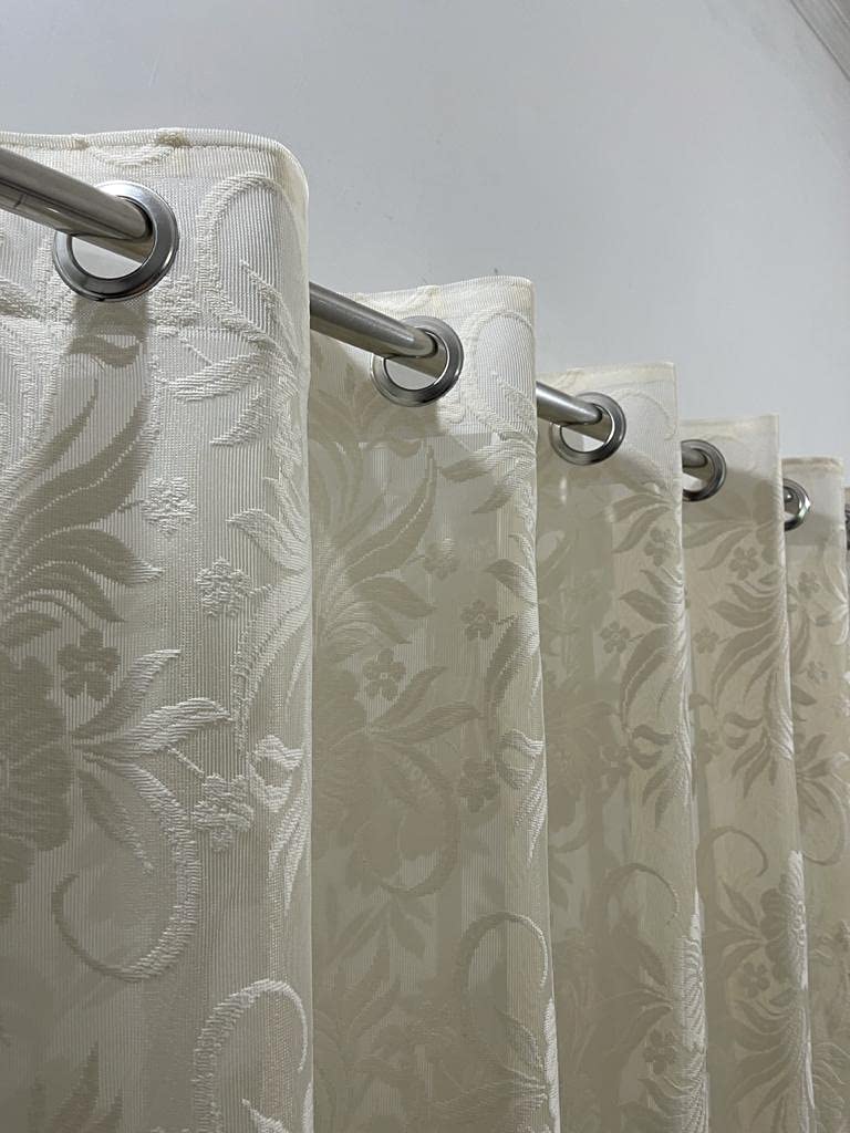 ROYAL TREND Net Transparent Curtain Drape for Door Semi Sheer Panels for Home and Office Decor Eyelet Curtains for Living Room Kitchen Hall Pack of 2 Feet Cream Flower 7 feet - Image 1