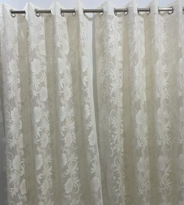 ROYAL TREND Net Transparent Curtain Drape for Door Semi Sheer Panels for Home and Office Decor Eyelet Curtains for Living Room Kitchen Hall Pack of 2 Feet Cream Flower 7 feet - Image 3