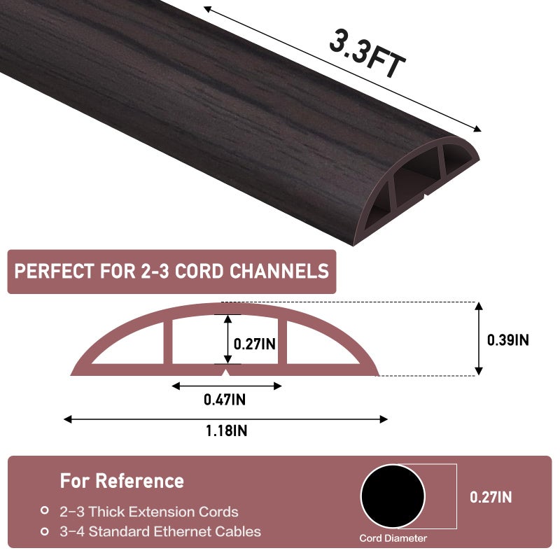 LSGCQ Floor Cord Cover Self Adhesive Cord Hider Floor Extension Cord Covers for Floor Power Cord Protector Cable Management Prevent Cable Trips Cable Cavity 0.47" W x 0.27" H (Dark Walnut, 3.3Ft) - Image 2