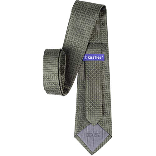 KissTies Mens Olive Green Tie Checkered Necktie Wedding Ties For Men - Image 4