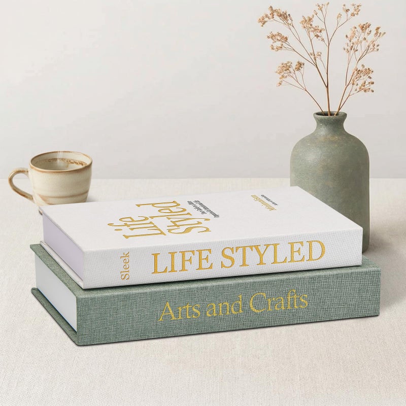 Befumly Decorative Book for Coffee Table: Linen Fabric with Gold Foil Faux Books - Set of 2 Boxes with Hidden Storage Solves Clutte - Neutral Modern Style - Image 1