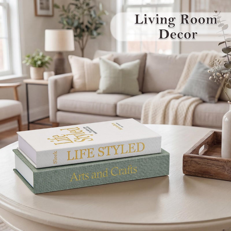Befumly Decorative Book for Coffee Table: Linen Fabric with Gold Foil Faux Books - Set of 2 Boxes with Hidden Storage Solves Clutte - Neutral Modern Style - Image 2