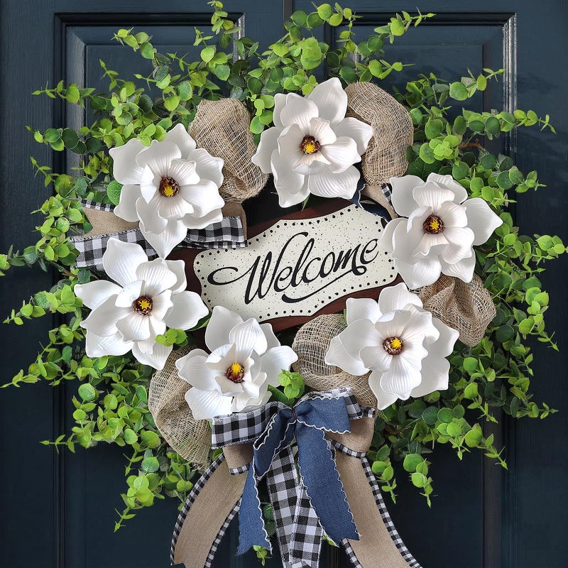 GLIDLION Artificial Magnolia & Eucalyptus Wreath for Front Door Outdoors â€“ 24" Fake White Flower with Welcome Sign, Year-Round Greenery Wreath for Home Wall Porch Entryway Farmhouse Decor - Image 1