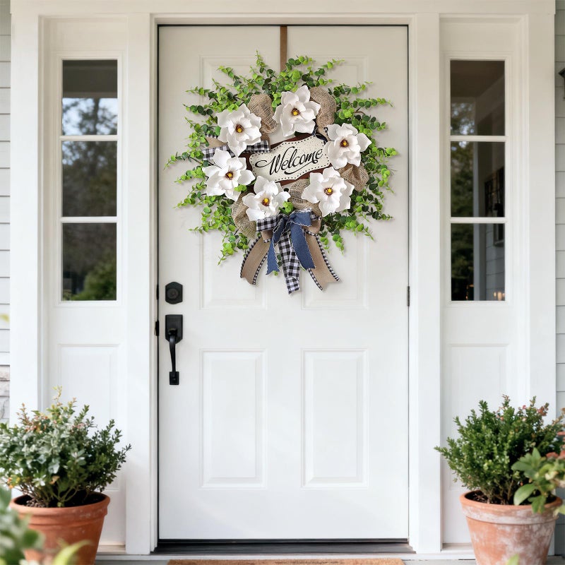 GLIDLION Artificial Magnolia & Eucalyptus Wreath for Front Door Outdoors â€“ 24" Fake White Flower with Welcome Sign, Year-Round Greenery Wreath for Home Wall Porch Entryway Farmhouse Decor - Image 2