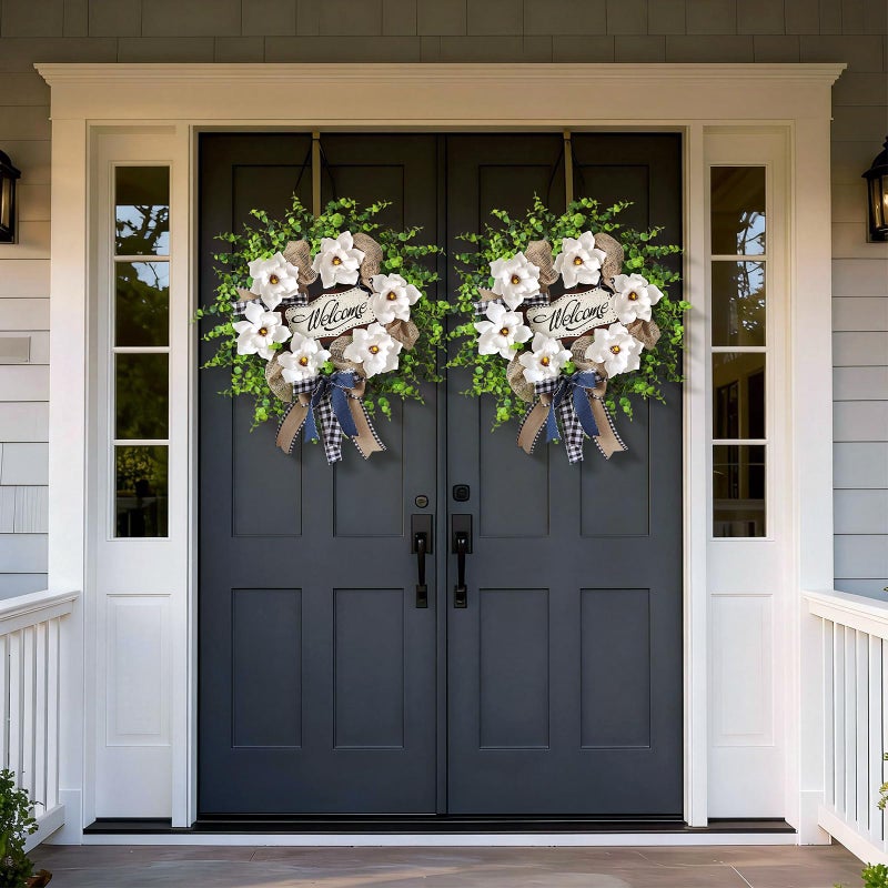GLIDLION Artificial Magnolia & Eucalyptus Wreath for Front Door Outdoors â€“ 24" Fake White Flower with Welcome Sign, Year-Round Greenery Wreath for Home Wall Porch Entryway Farmhouse Decor - Image 3