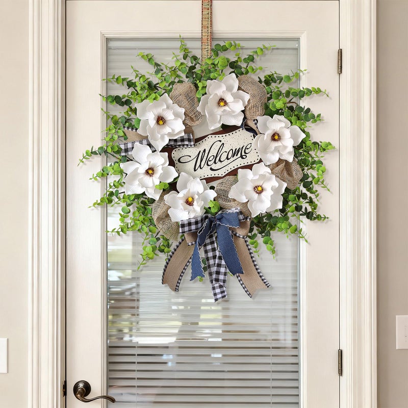 GLIDLION Artificial Magnolia & Eucalyptus Wreath for Front Door Outdoors â€“ 24" Fake White Flower with Welcome Sign, Year-Round Greenery Wreath for Home Wall Porch Entryway Farmhouse Decor - Image 4