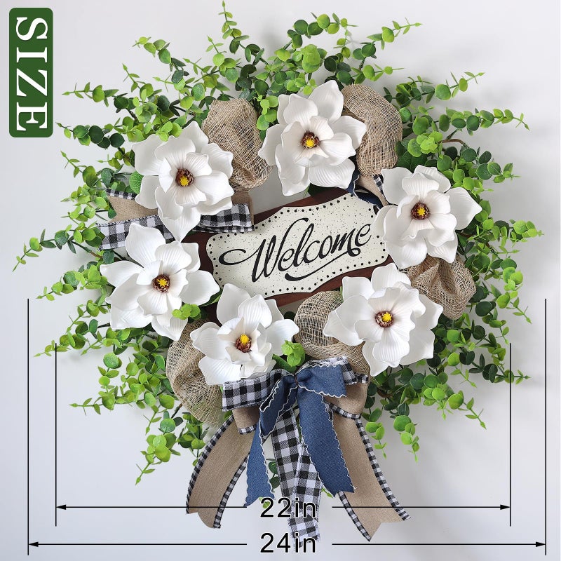 GLIDLION Artificial Magnolia & Eucalyptus Wreath for Front Door Outdoors â€“ 24" Fake White Flower with Welcome Sign, Year-Round Greenery Wreath for Home Wall Porch Entryway Farmhouse Decor - Image 5