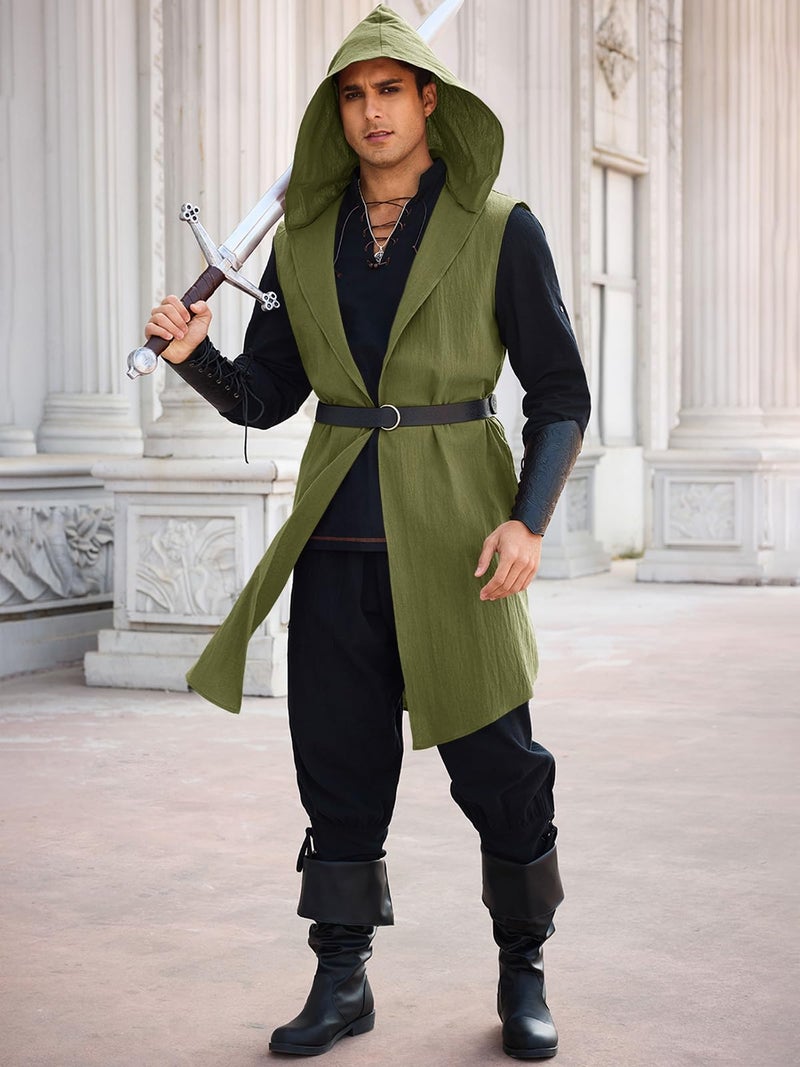 Runcati Mens Renaissance Costume Hooded Surcoat Medieval Knight Sleeveless Tunic Tops Tabard Viking Holloween Cloak - Image 4