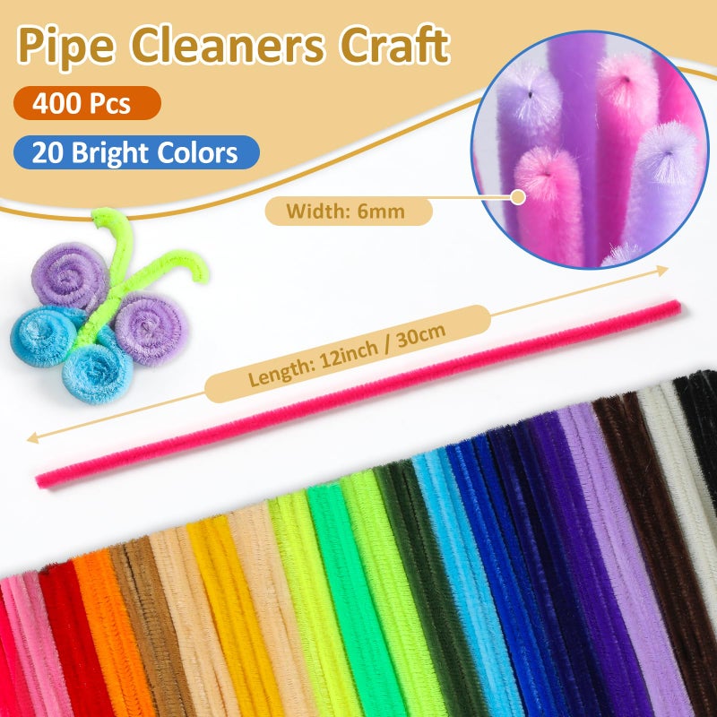 POIKSHARK 400 PCS 20 Colors Thick Pipe Cleaners Craft, Multi-Colored Chenille Stems for Craft Supplies & Materials, Fuzzy Pipe Cleaners Bulk for DIY Arts Projects, Rainbow Pipe Cleaners(12inch*6mm) - Image 2
