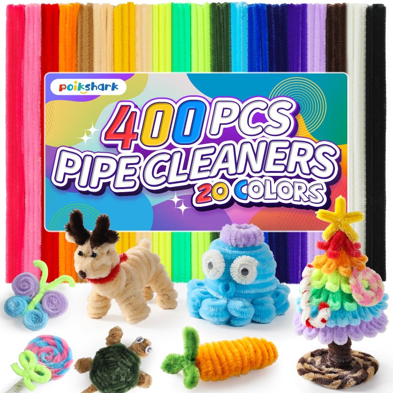 POIKSHARK 400 PCS 20 Colors Thick Pipe Cleaners Craft, Multi-Colored Chenille Stems for Craft Supplies & Materials, Fuzzy Pipe Cleaners Bulk for DIY Arts Projects, Rainbow Pipe Cleaners(12inch*6mm) - Image 1
