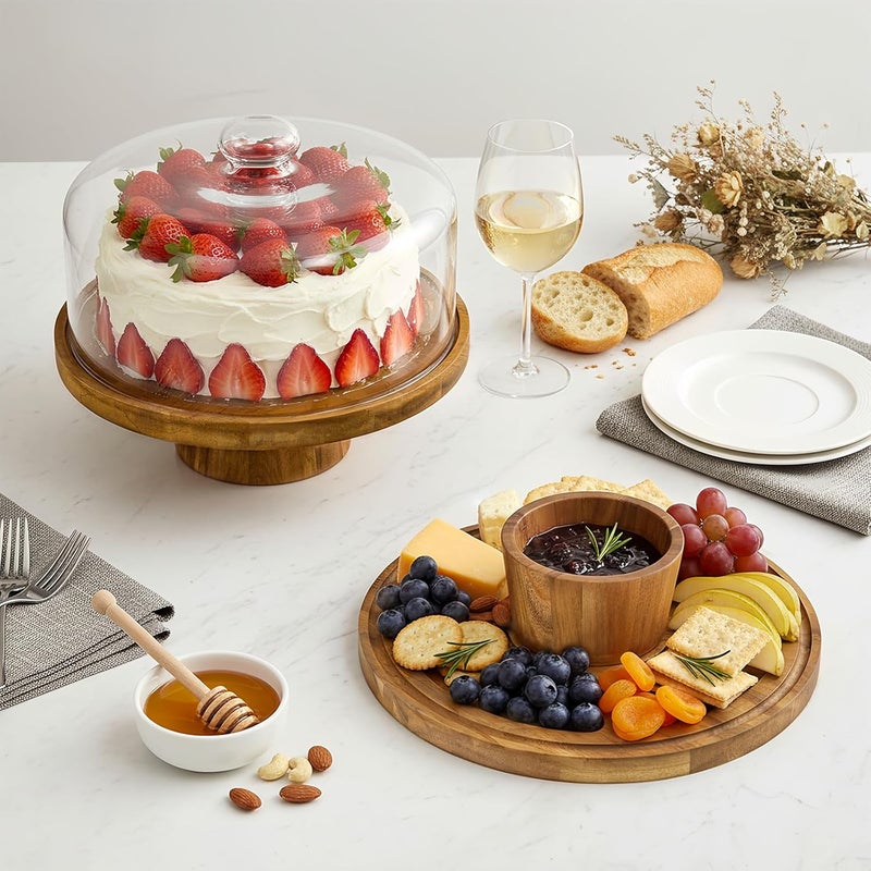 Krbnk Acacia Wood Cake Stand with Lid, 12" Glass Cake Stand with Dome Cake Holder, 2-in-1 Dessert Table Display Set & Charcuterie Board for Weddings, Parties, Bakeries - Image 5