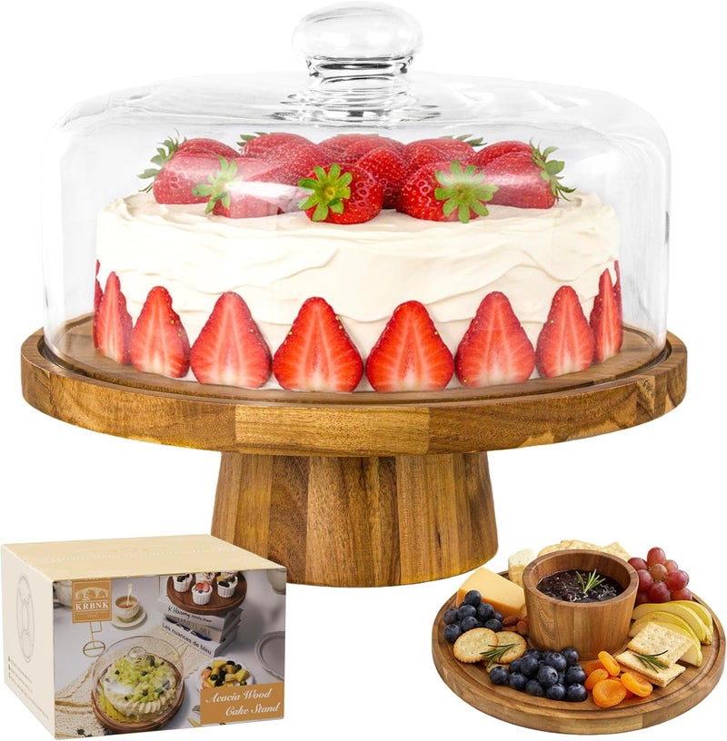 Krbnk Acacia Wood Cake Stand with Lid, 12" Glass Cake Stand with Dome Cake Holder, 2-in-1 Dessert Table Display Set & Charcuterie Board for Weddings, Parties, Bakeries - Image 1