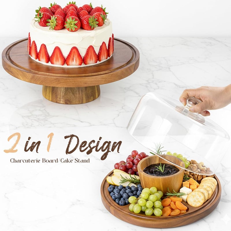Krbnk Acacia Wood Cake Stand with Lid, 12" Glass Cake Stand with Dome Cake Holder, 2-in-1 Dessert Table Display Set & Charcuterie Board for Weddings, Parties, Bakeries - Image 2